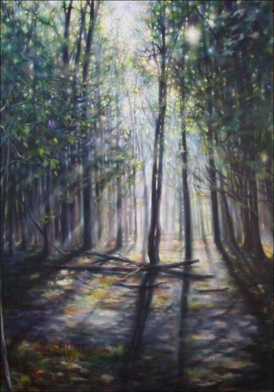 Morning Light, 48H x 36W inches acrylics on canvas, sides wrapped, narrow frame stained dark brown