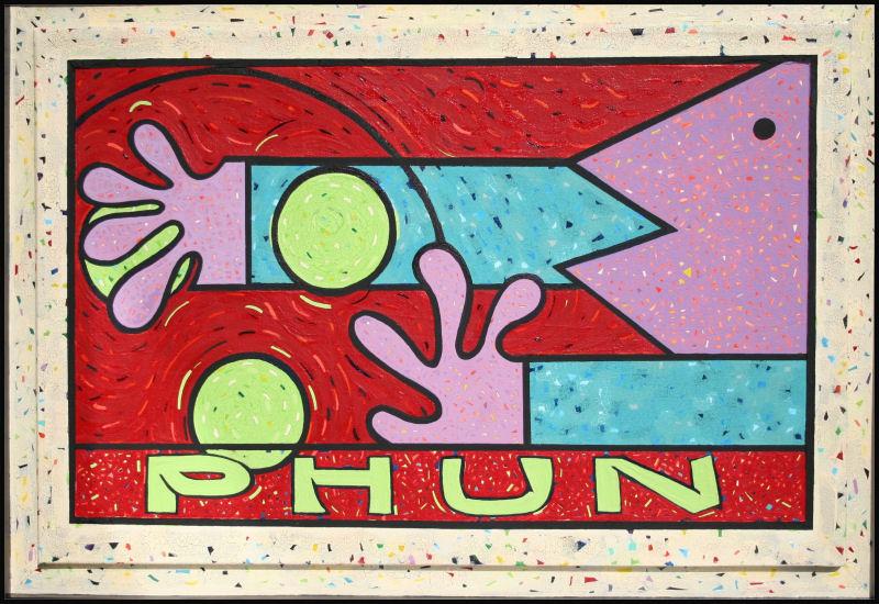 PHUN, 36 x 24 inch painting acrylics on canvas, mounted inside a box-frame, 48 x 30 x 2 " total size, narrow black trim PHUN, 36 x 24 inch painting acrylics on canvas, mounted inside a box-frame, 48 x 30 x 2 " total size, narrow black trim