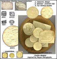 Culture Cookies: 1. adapted designs from heiroglyphs, stone carvings, architecture 2.experimented with materials, final stamps: carving and rebuilding lines into polymer clay 3.tried various recipes 4.baked cookies, an Art to get them evenly browned and perfectly stamped