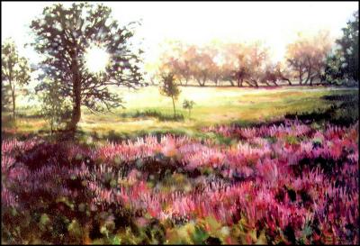 Field of Loosestrife, Fallowfield, Ontario Cnaada, 1993 acrylics 41H x 58W inches, narrow frame