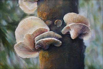 Polypore Fungi, detail #2 - fungi are carved modeling paste, plaster