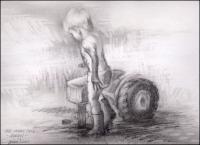 Adrian - The Muddy Field - 11 x 14 inches pencil, eraser on paper, white mat and white wood frame 22 x 26 inches total size.