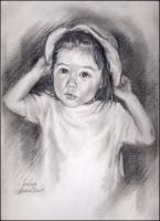 Andra - 14 x 11 inches pencil, eraser on paper, white mat and white wood frame 26 x 22 inches total size.