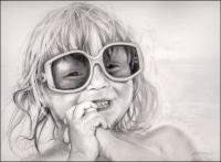 Brittany - At The Beach - 11 x 14 inches pencil, eraser on paper, white mat and white wood frame 22 x 26 inches total size.