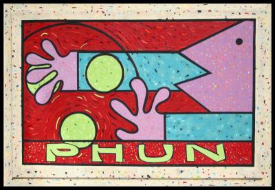 Phun - 36 x 24 inches Acrylics on stretched canvas, mounted on 3 inch wide “box-frame” trimmed in black.