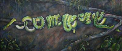 Emerald Tree Boas, 24 x 57 x 2 inches Acrylics on stretched canvas. 3 year study almost finished.