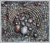 Zen Garden #7, 17 x 19 x 1 inches, Mixed Media: textured modeling paste, handmade tiles, pebbles and sand, acrylics on masonite, frame crackle finished
