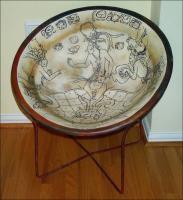 Mayan Bowl Chair - 29 x 29 x 29 inches, refurbished 1960\'s lawn chair with layers of woven canvas strips, white glue, and wall plaster, Acrylic paints, marker, varnish, waxed for durability.