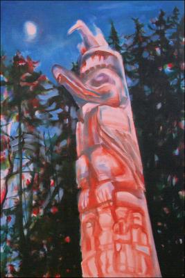 Magic Hour , one of the Haida totems downtown Victoria, B.C., Canada, 60 x 40 x 3 Acrylics on wrapped canvas. Phase 2, work in progress.
