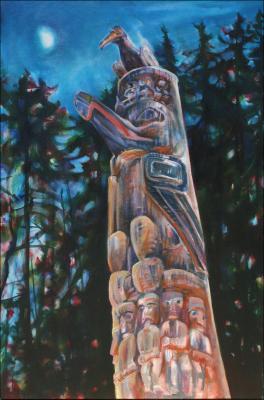 Magic Hour - one of the Haida totems downtown Victoria, B.C., Canada, 60 x 40 x 3 inches Acrylics on wrapped canvas. Phase 3, work in progress..