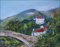 Saint Etienne de Baigorry, Le pont romain - Chateau d\'Etchaux - 24 x 18 x 1 inch Acrylics on wrapped canvas, top right detail