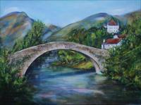 Pays Basque, Saint Etienne de Baigorry, Le pont romain - Chateau d\'Etchaux - 24 x 18 x 1 inch Acrylics on wrapped canvas, gift