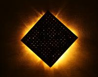 Zen, Night and Day - visual at night, 24 x 24 x 1 woven canvas strips, Acrylics, clear lights woven into the back, frame unnecessary..