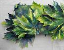 Large Leaf Maple - can hang horizontally or vertically, top/left detail of 36 x 12 x 3 inches muslin, glue, acrylics on wrapped canvas, work in progress