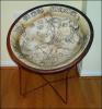 Mayan Bowl Chair - 29 x 29 x 29 inches refurbished 1960's plastic lawn chair, woven canvas strips and white glue, wall plaster, acrylic paints, graphite, marker, varnish, wax. Price $1,100