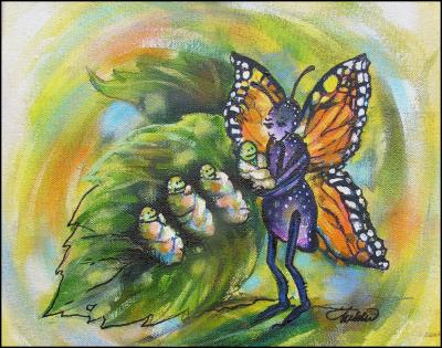 Momarch Butterfly, Mommy Nature series, 11 x 14 Acrylics on canvas 2004. Prints and Cards available, see link above.