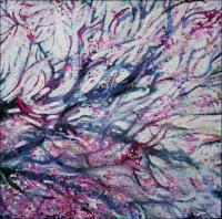 Eastern Redbuds, 11H x 11W x 3D inches acrylics on canvas, some masking fluid left on for texture, some removed