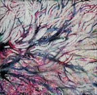 Eastern Redbuds, 11H x 11W x 3D inches acrylics on canvas, more mask applied then white