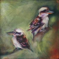 Kookaburras, phase 4 work in progress. Composition unbalanced; needs third element on left background