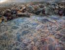 Detail of 250 million year old fossils and representation of fossilized tree bark on the back of the chair