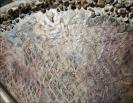 Detail of 250 million year old fossils and representation of fossilized tree bark on the back of the chair