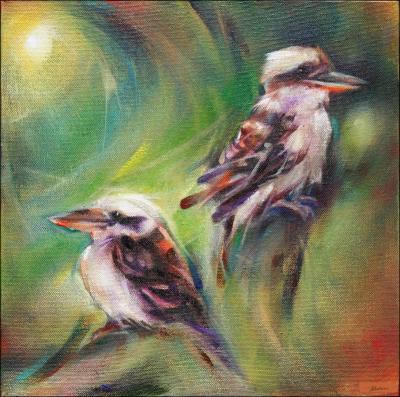 Kookaburras, 11 x 11 x 3 acrylics on canvas, wrapped sides painted