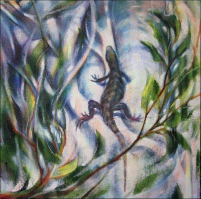 Iguana on a Strangler Fig, 11H x 11W x 3D inches acrylics on canvas, wrapped sides painted