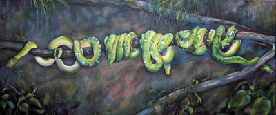 Emerald Tree Boas, 24 x 57 x 2 inches acrylics on canvas, wrapped sides painted, a study in progress, almost finished
