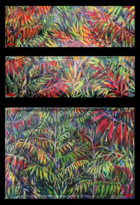 Sumac Bushes, front and back details, acrylics on canvas; functional