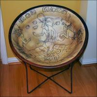 Mayan Bowl Replica Chair, 29 x 29 x 29 inches, refurbished vintage chair, canvas strips, white glue, drywall compound, Acrylics, varnish, waxed