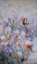 Flowering Shavingbrush Tree, 85 x 45 x 3 inches Acrylics on canvas, sturdy custom built stretcher frame, gallery wrapped