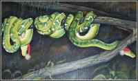 Right detail, Boas' Christmas, construction paper, cotton balls taped on Emerald Tree Boas, 24 x 57 x 3 inches acrylics on canvas