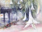 Lower right detail of Trumpet Flowers, 14 x 22" Watercolors in progress