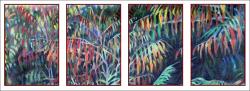 Autumn Sumac Bushes, coordinating set of four 6 x 4 inch paintings with narrow red frames to hang above the chair