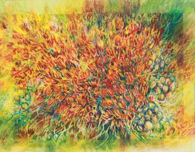 Milkweed Melody, 27H x 33W inches framed Oil Pastels on 140 lb cold pressed premium watercolor paper