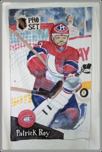 Patrick Roy hockey card, fabric paint on 100% cotton twin size comfortor