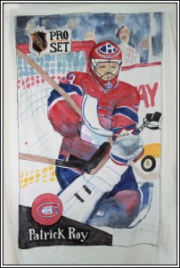 Patrick Roy hockey card, fabric paint on 100% cotton twin size comfortor