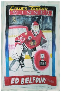 Ed Belfour hockey card, fabric paint on 100% cotton twin size comfortor
