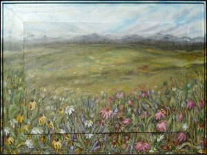 Alpine Meadows, acrylics using palette knife on foreground flowers, 36H x 48W x 2D inch inner canvas plus 3 inch box-frame, Nov. 2000 - commission sold