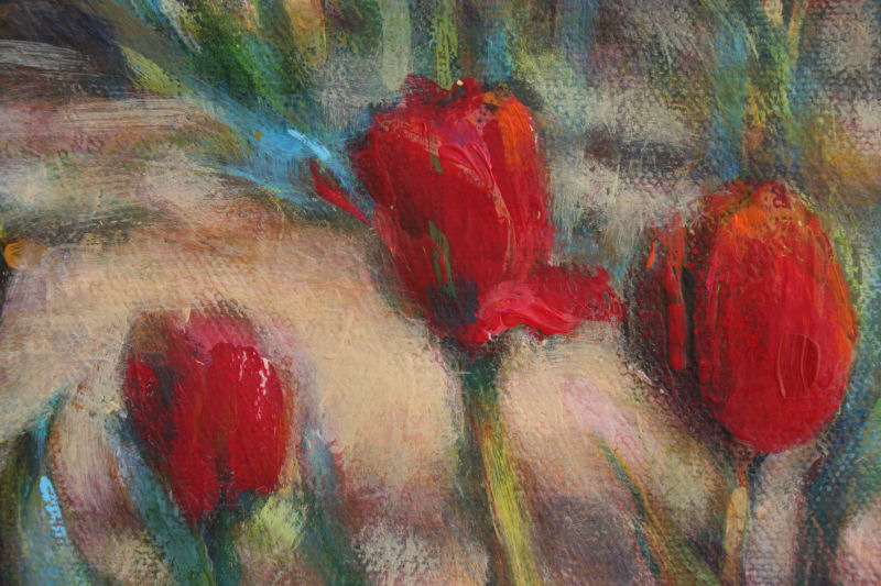 Dandelions in the Tulips, 16 x 20 inches acrylics on canvas, details Dandelions in the Tulips, 16 x 20 inches acrylics on canvas, details
