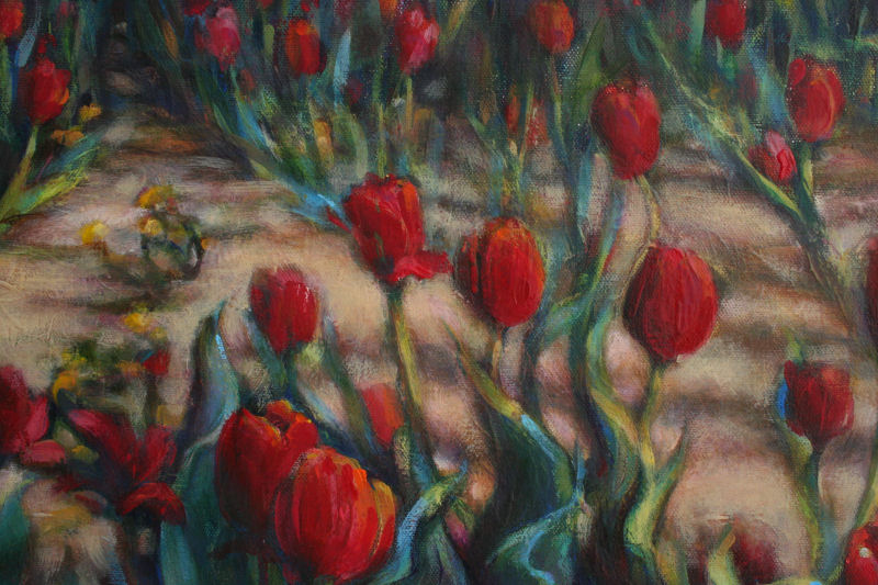 Dandelions in the Tulips, 16 x 20 inches acrylics on canvas, detail Dandelions in the Tulips, 16 x 20 inches acrylics on canvas, detail