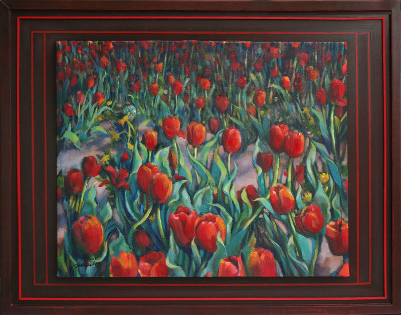 Dandelions in the Tulips, 16 x 20" acrylics on canvas, maple wood frame with red trim design. Total size 22 x 28 inches. Dandelions in the Tulips, 16 x 20" acrylics on canvas, maple wood frame with red trim design. Total size 22 x 28 inches.