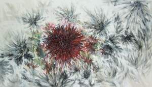 Chrysanthemums, 85L x 45W x 3D inches, graphite, charcoal and dry pastels and primer on 100% cotton, fixative Chrysanthemums, 85L x 45W x 3D inches, graphite, charcoal and dry pastels and primer on 100% cotton, fixative