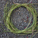 Periwinkle vines stripped of leaves. Make a loose wreath, wire-wrapped at two ends
