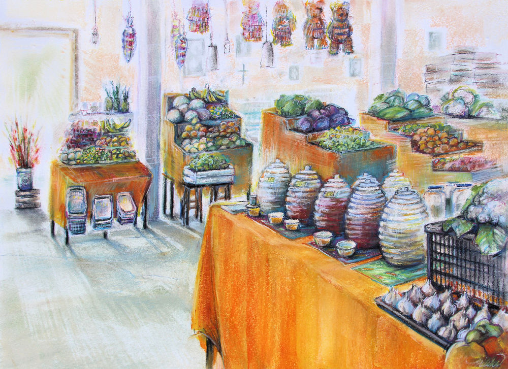 Ajijic Market, 18H x 24W inches soft pastels on paper Ajijic Market, 18H x 24W inches soft pastels on paper