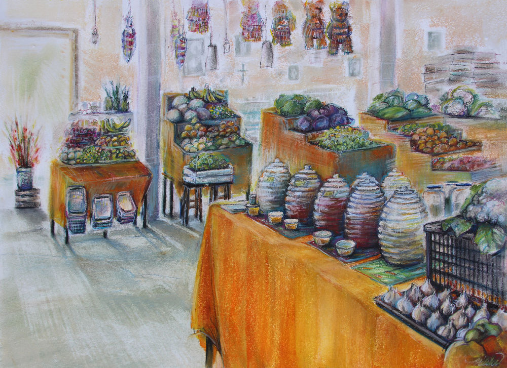 Ajijic Market, 18H x 24W inches soft pastels on paper Ajijic Market, 18H x 24W inches soft pastels on paper