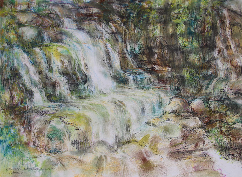Ezhuang Waterfall Scenic Area, Zibo China, 18H x 24W inches soft pastels on paper Ezhuang Waterfall Scenic Area, Zibo China, 18H x 24W inches soft pastels on paper